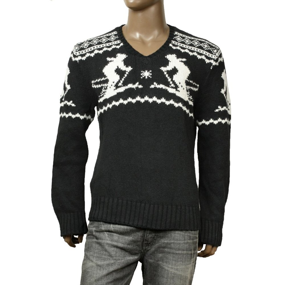 NEW Polo Ralph Lauren Sweater! Black  Skier Design  Cotton Cashmere  SLIM FIT